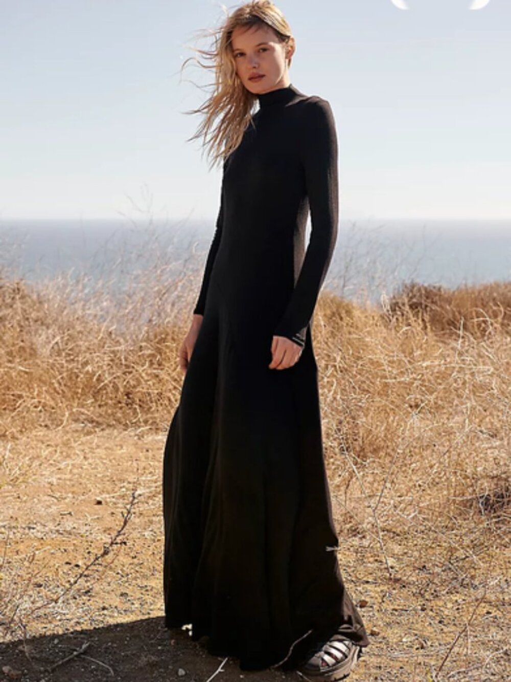 FREE PEOPLE FP BEACH Pescado Maxi Dress Flowy Long Sleeve Mock Neck Black XS NWT